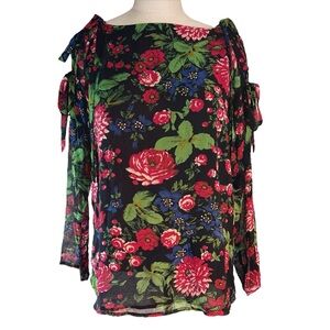 Carmen Marc Valvo Long Tie Sleeve Dark Floral Blouse Fairy Grunge Dark R…